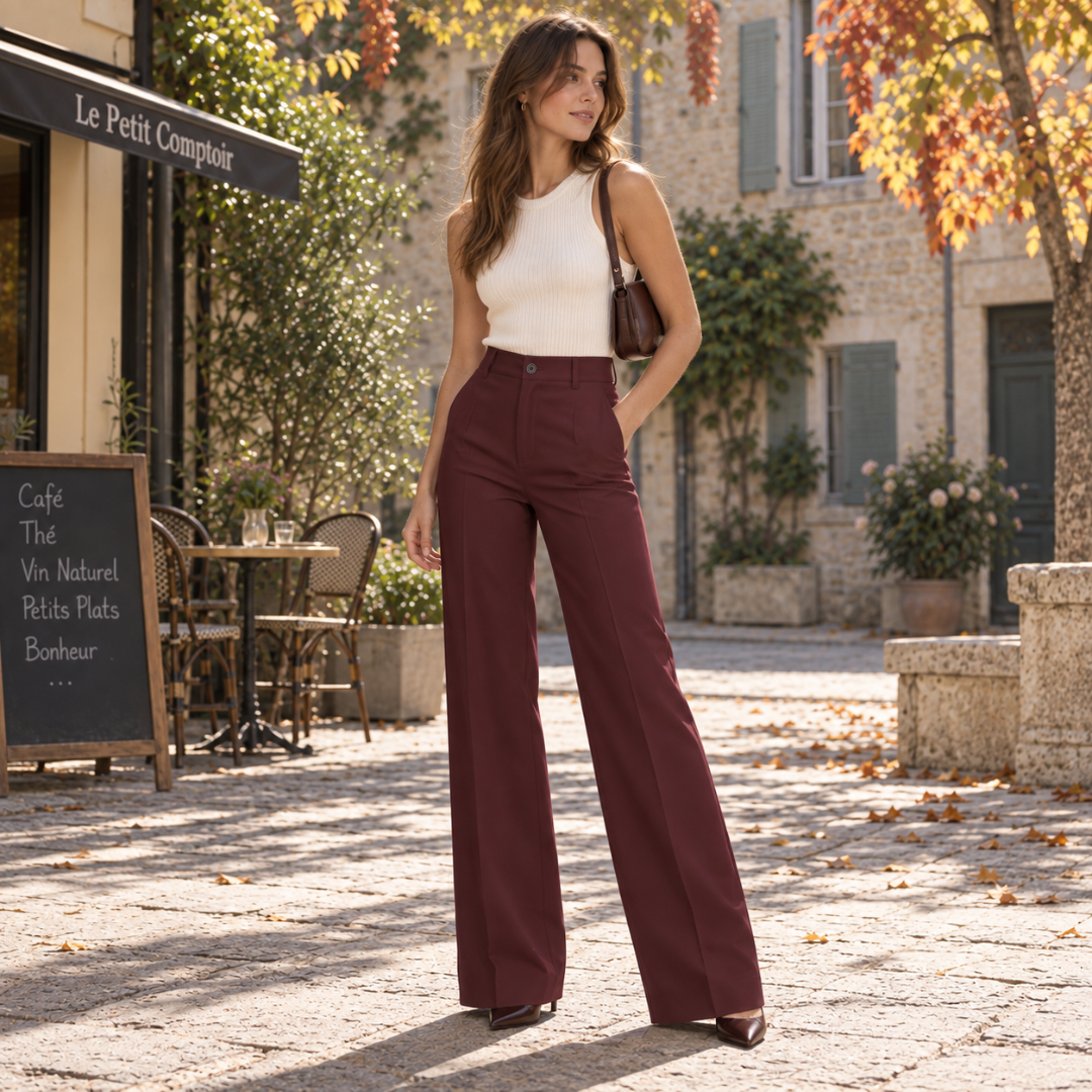 Pantalon large bordeaux à taille haute porté avec un débardeur écru en terrasse