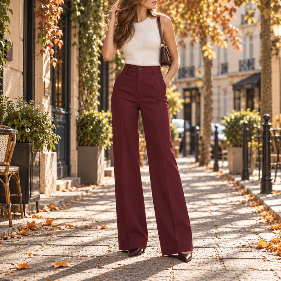 Pantalon large bordeaux taille haute porté avec débardeur blanc dans une rue parisienne