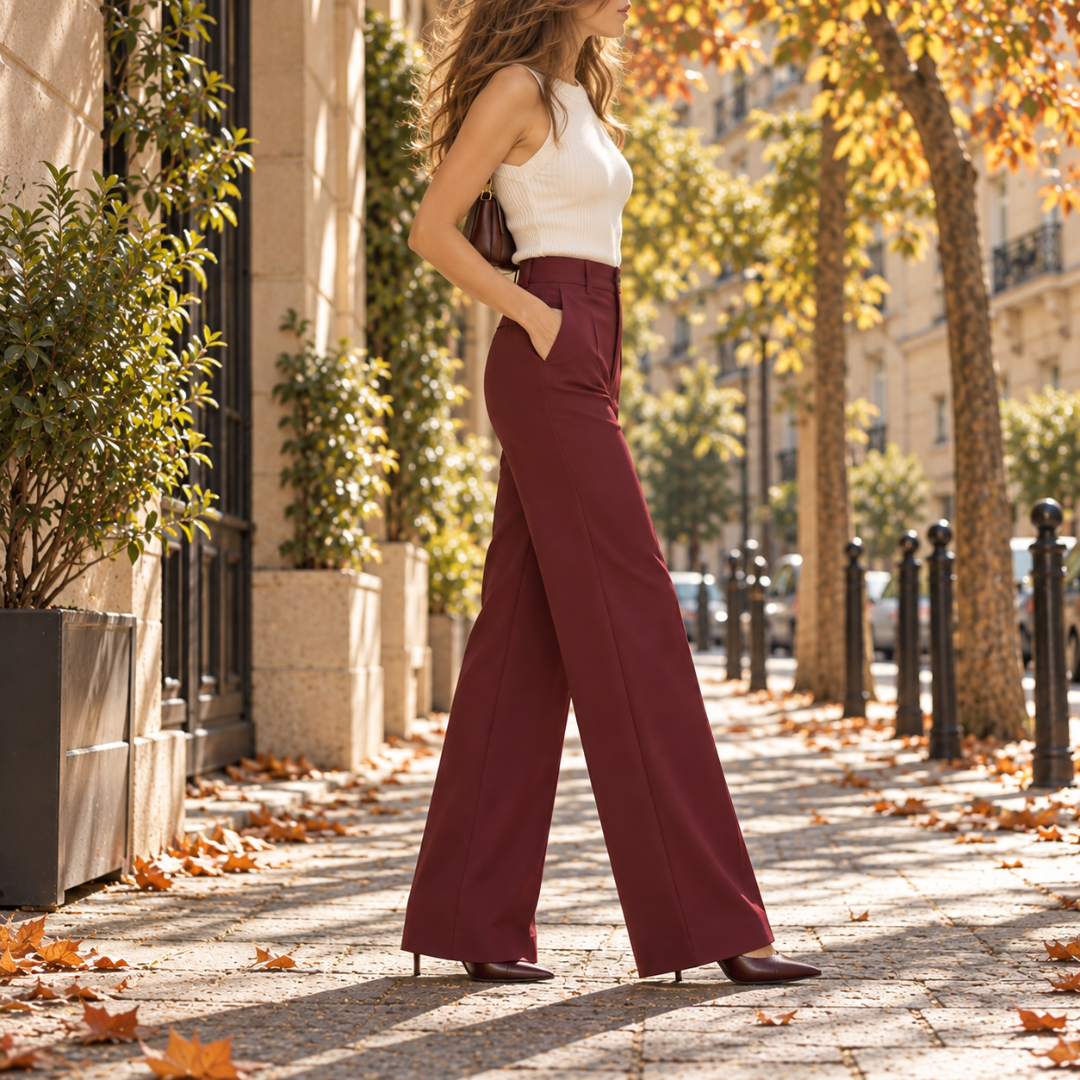 Pantalon femme large bordeaux vu de profil, main glissée dans la poche latérale