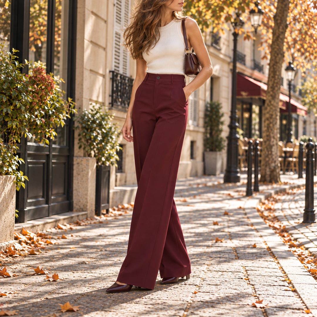 Pantalon large bordeaux porté avec escarpins pointus sur un trottoir ensoleillé