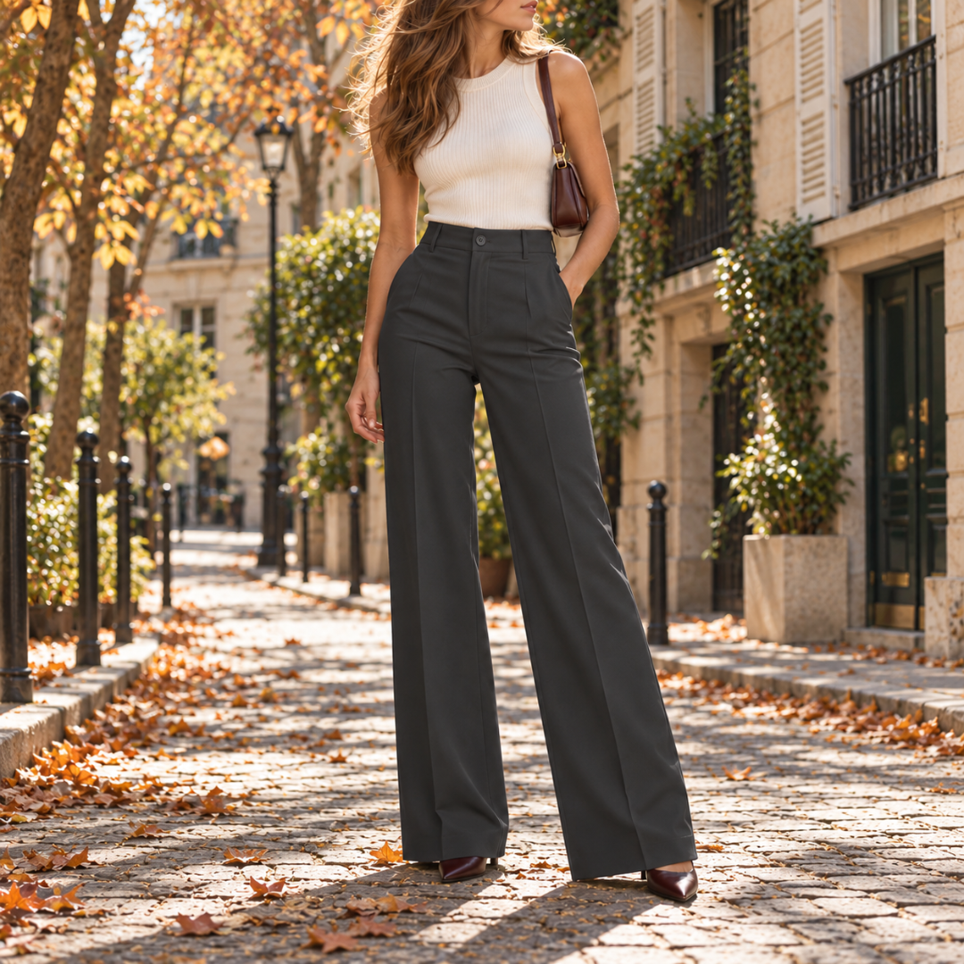 Pantalon large gris foncé, coupe longue et fluide sur trottoir pavé