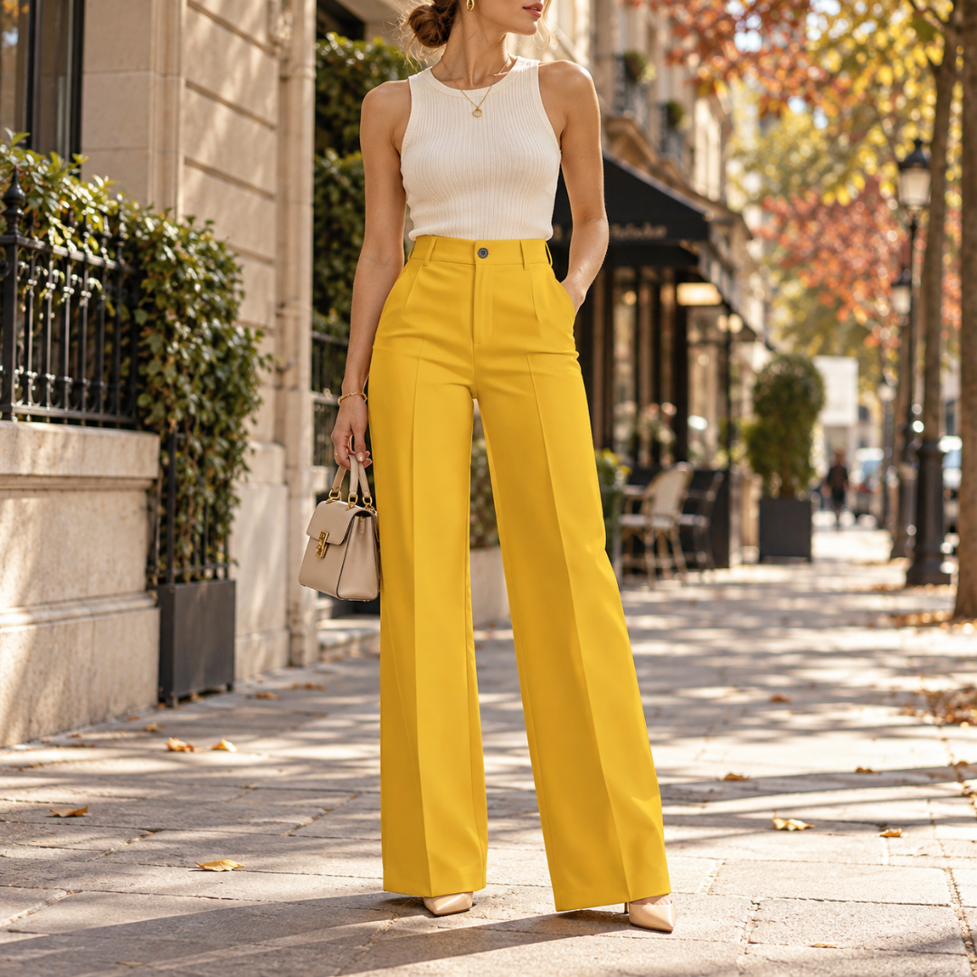 Pantalon large jaune vif, taille haute et jambes larges, escarpins beiges