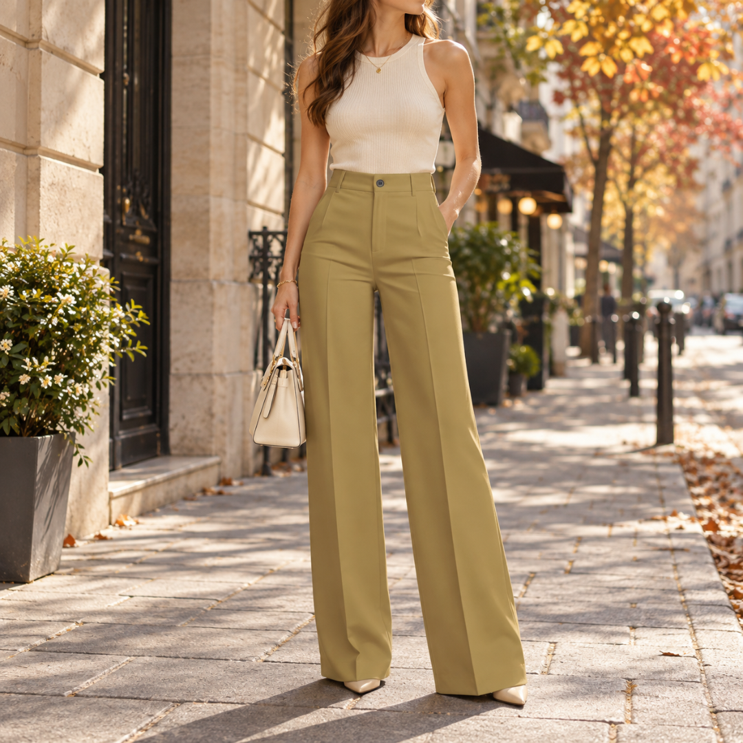 Pantalon large kaki clair, coupe taille haute et plis marqués devant