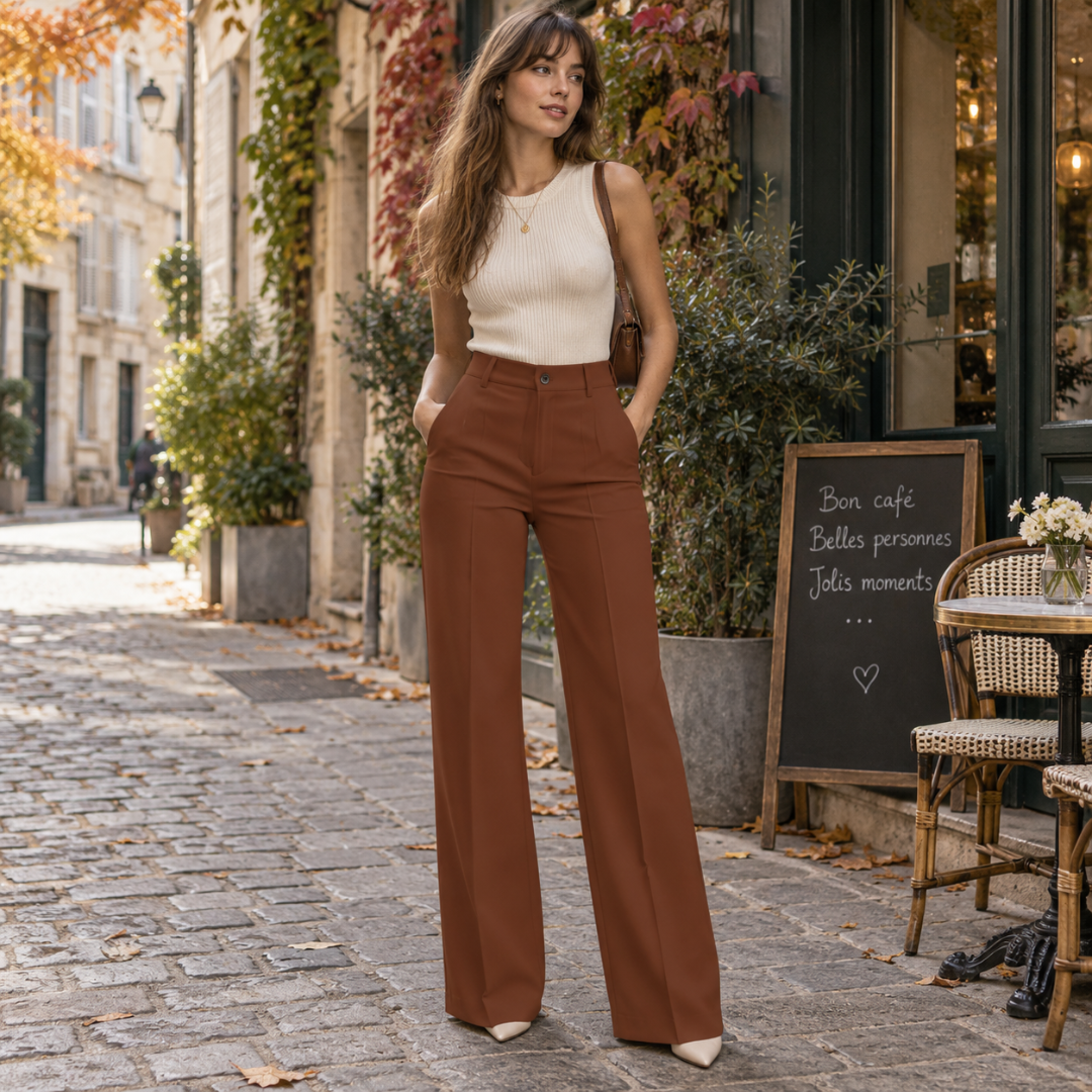 Pantalon large marron clair à taille haute avec poches latérales, rue pavée