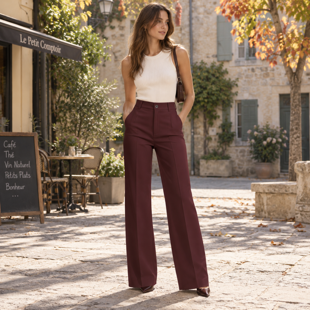 Pantalon large marron à taille haute avec pli marqué et poches latérales