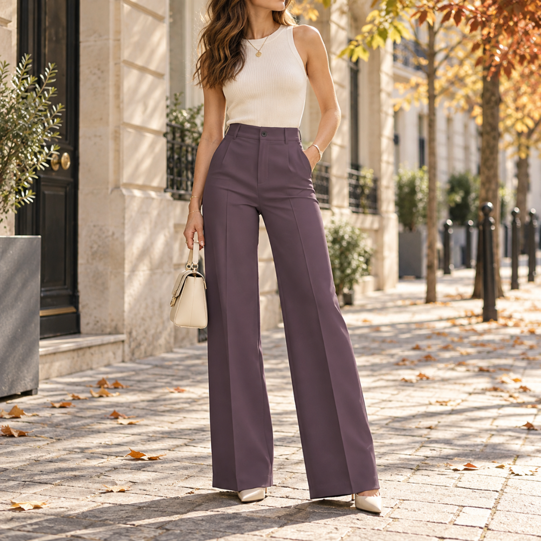 Pantalon large mauve taille haute, coupe droite et longues jambes fluides