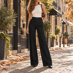 Pantalon large noir taille haute, pli central net et bottines noires