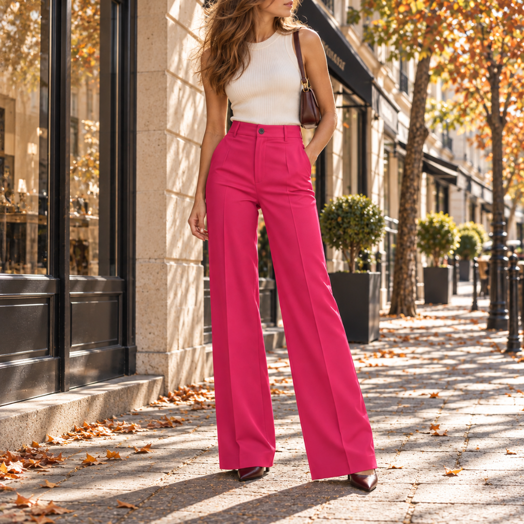 Pantalon large rose vif taille haute, jambes amples et bottines bordeaux