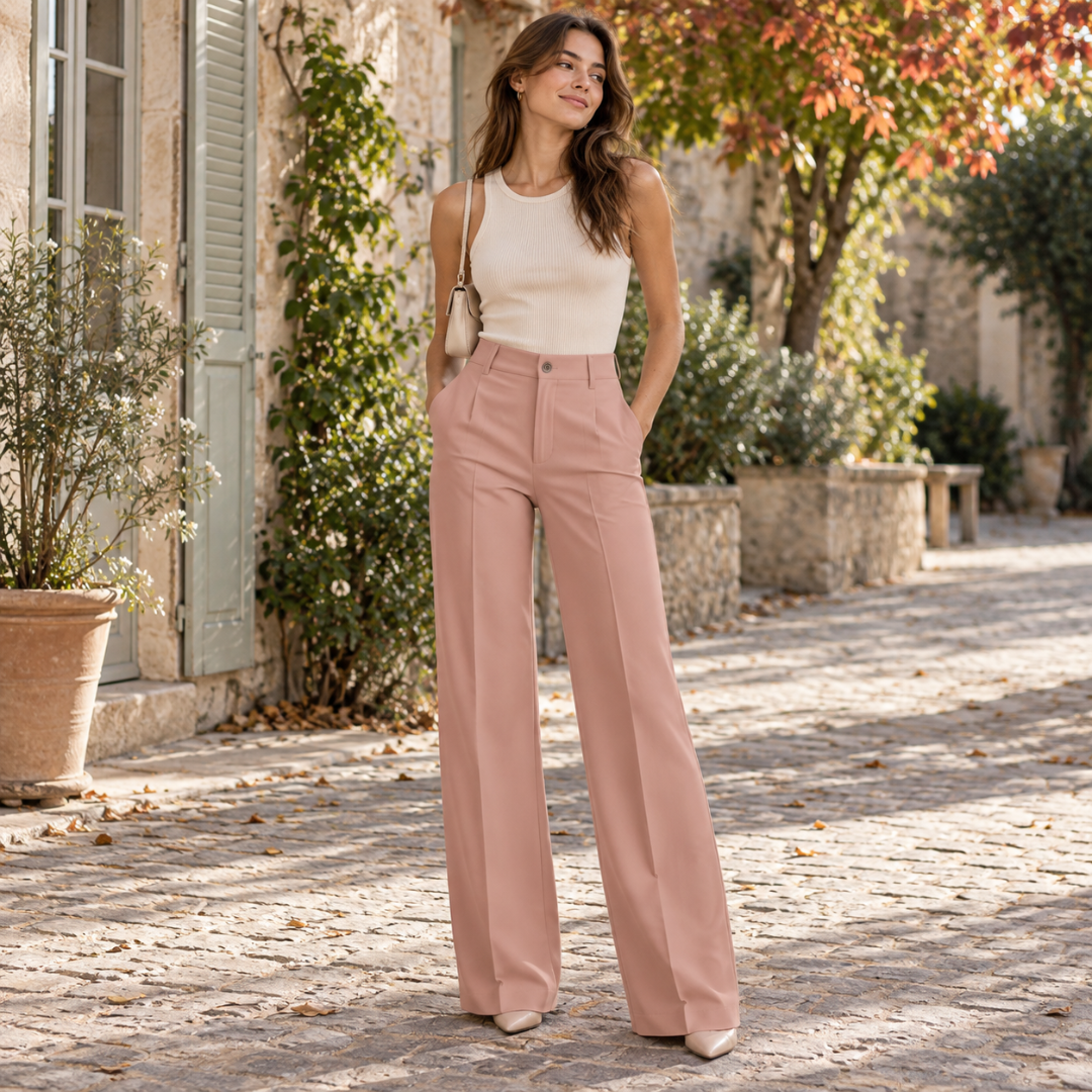 Pantalon large rose à taille haute avec pli marqué et jambes droites
