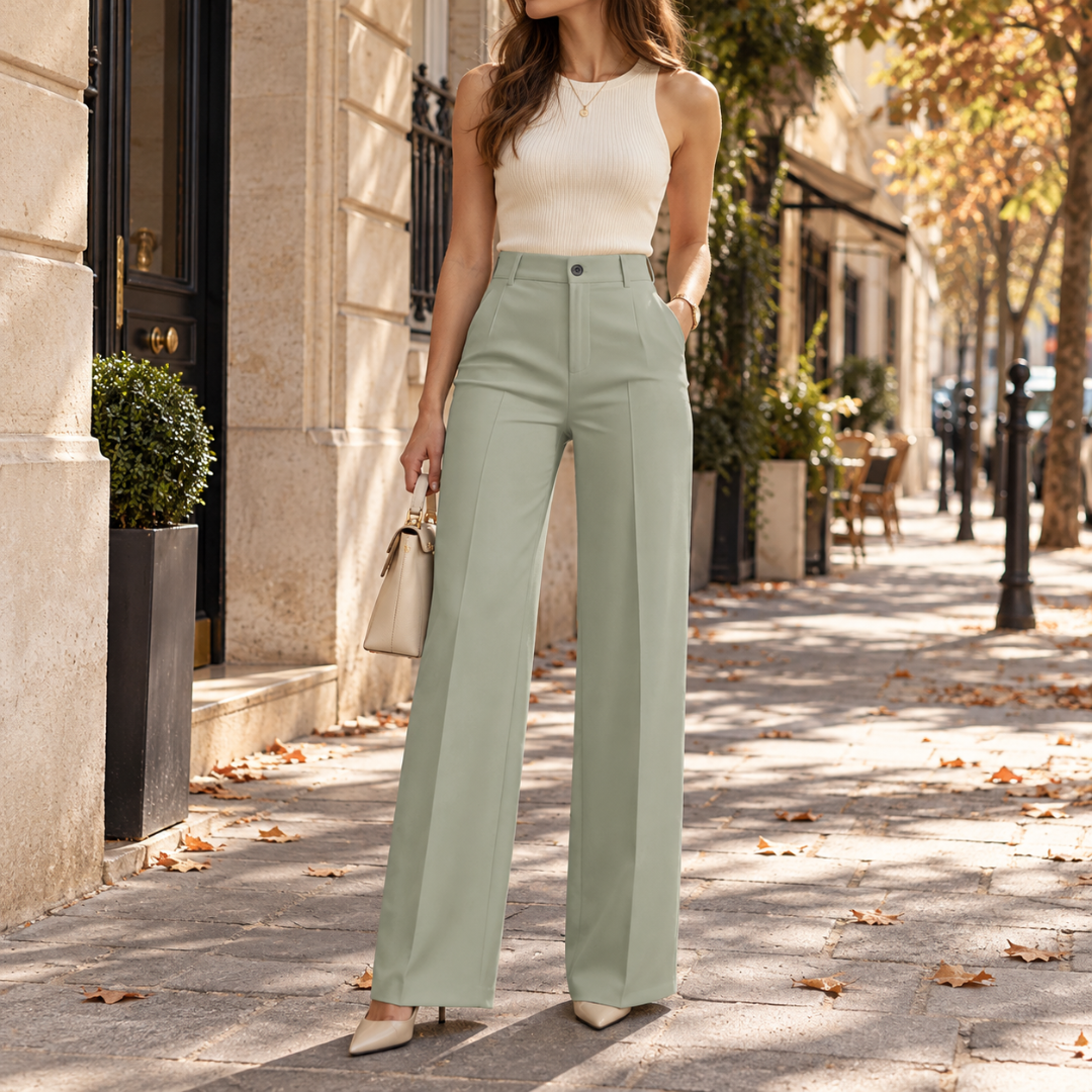 Pantalon large vert clair, taille haute boutonnée et plis nets devant