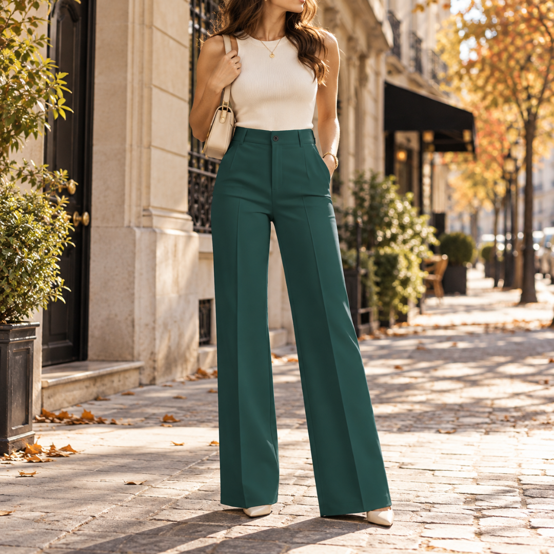 Pantalon large vert foncé, taille haute et jambes amples, escarpins clairs