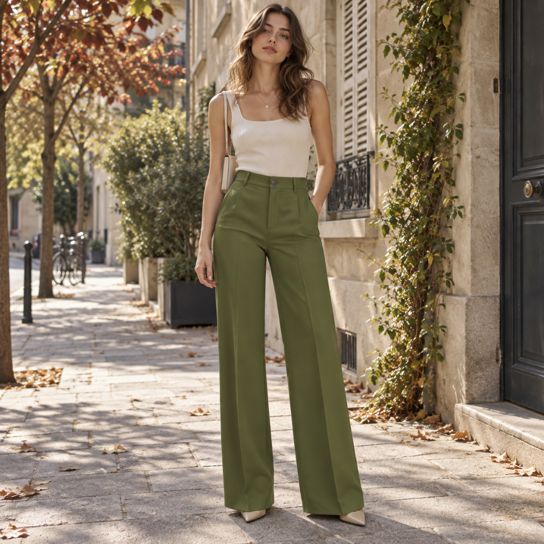 Pantalon large vert olive à taille haute, jambes droites et pli net