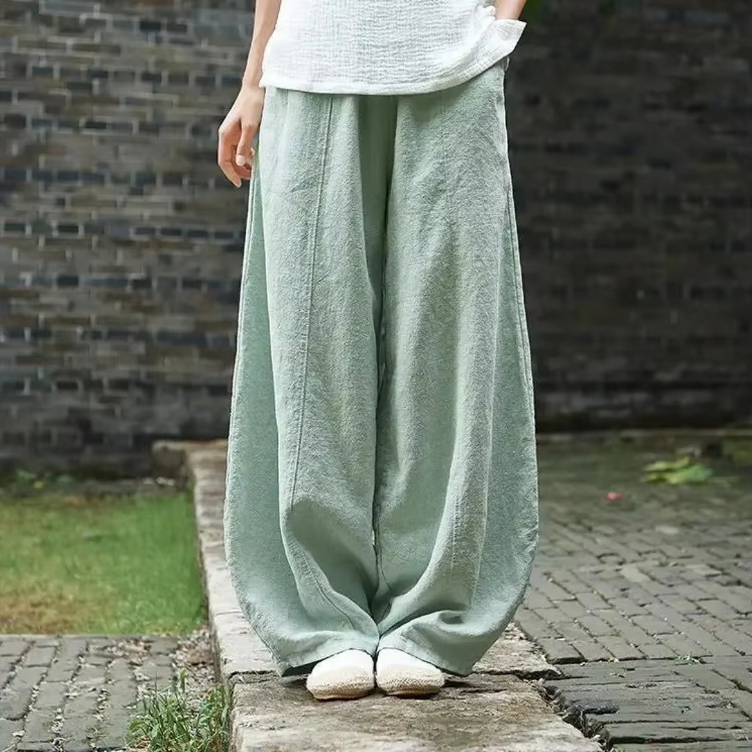 Pantalon large femme en coton lin vert, vue de face, coupe ample