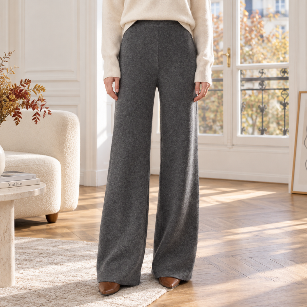 Pantalon gris chiné à jambes larges, taille haute sans fermeture apparente
