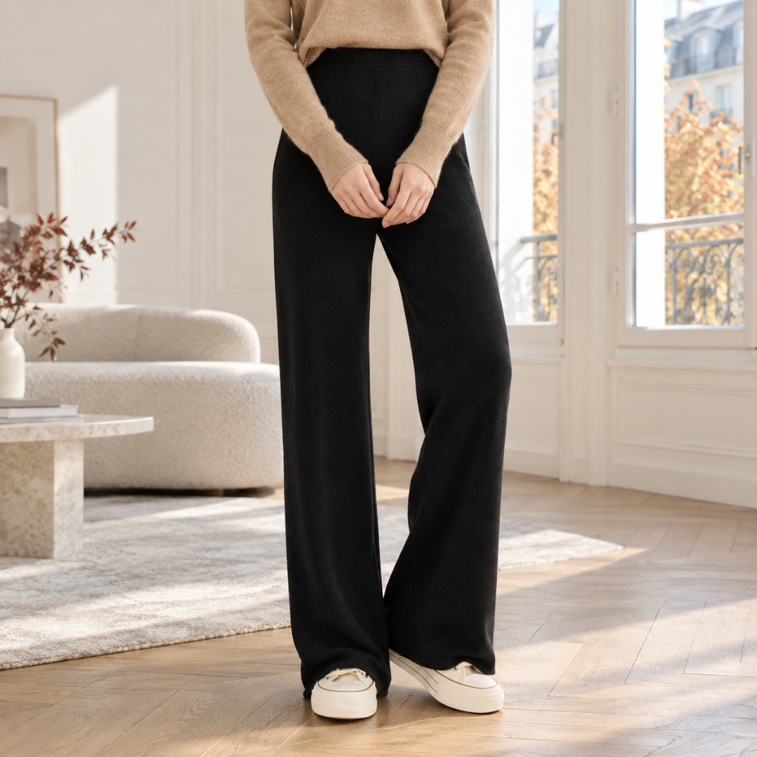 Pantalon femme noir en maille, taille haute côtelée et jambes très larges