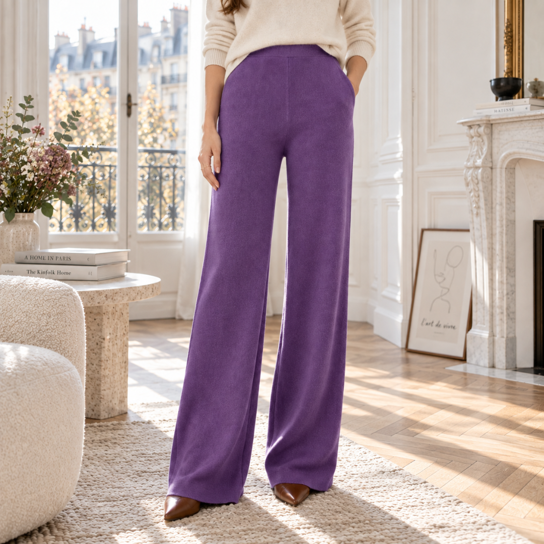 Pantalon femme large violet en maille, taille haute et jambes fluides