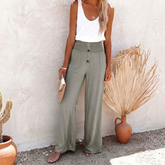 Pantalon palazzo femme vert, coupe ample et taille haute avec boutons