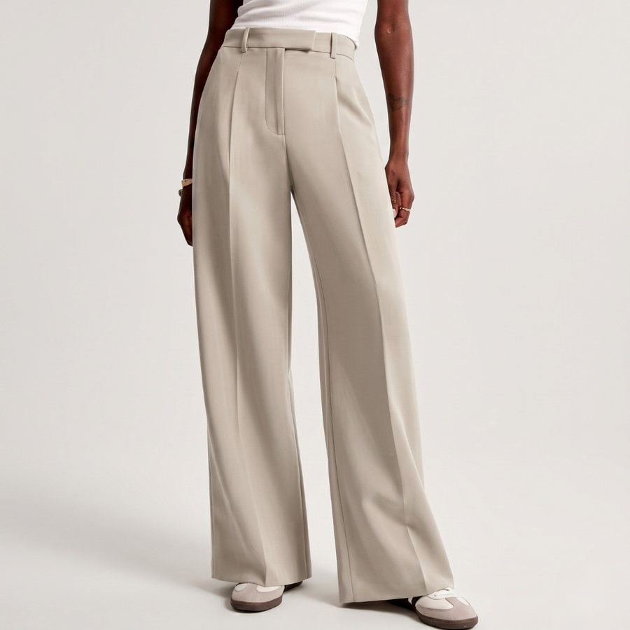 Pantalon large femme beige, coupe fluide taille haute, vue de face