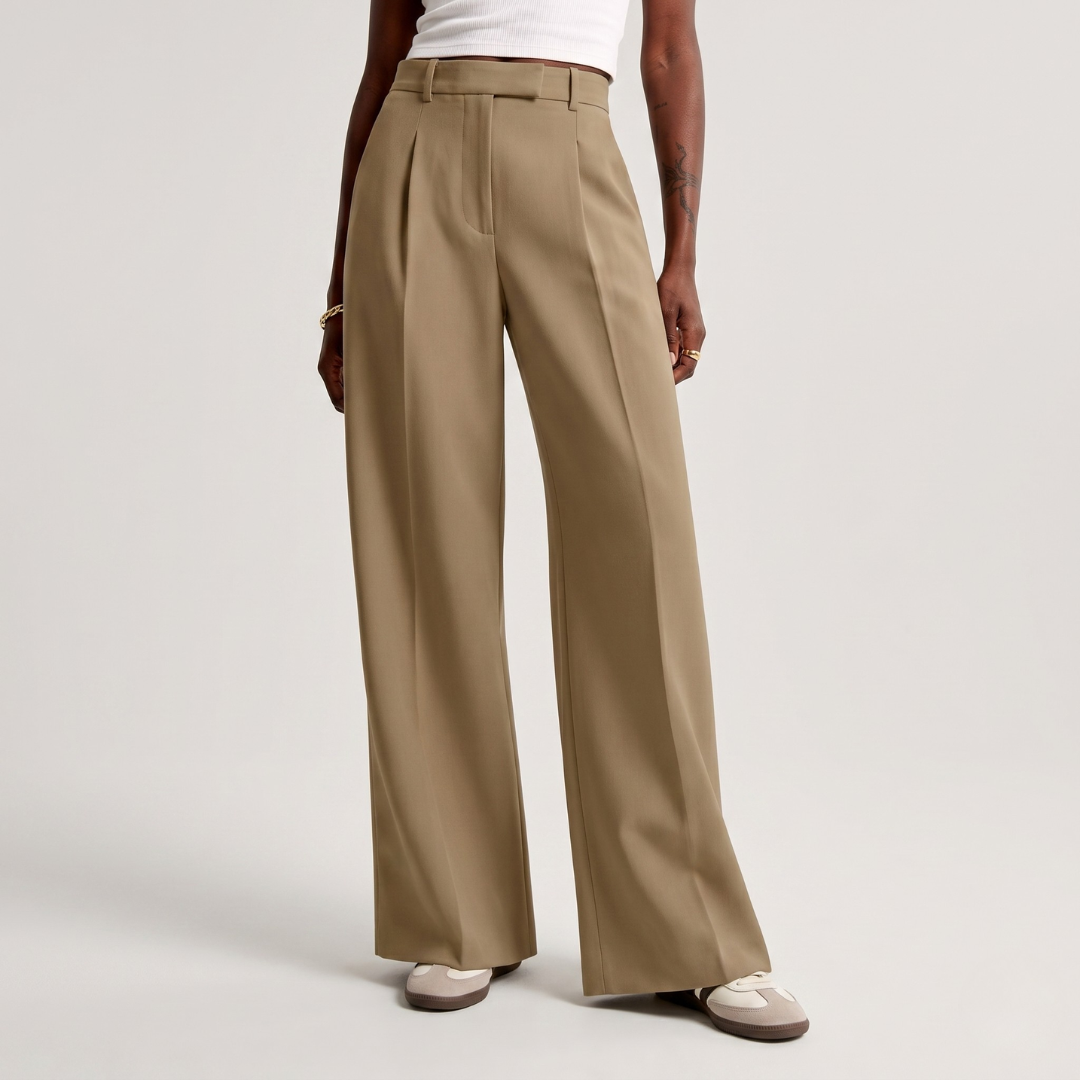 Pantalon large femme kaki, coupe fluide taille haute