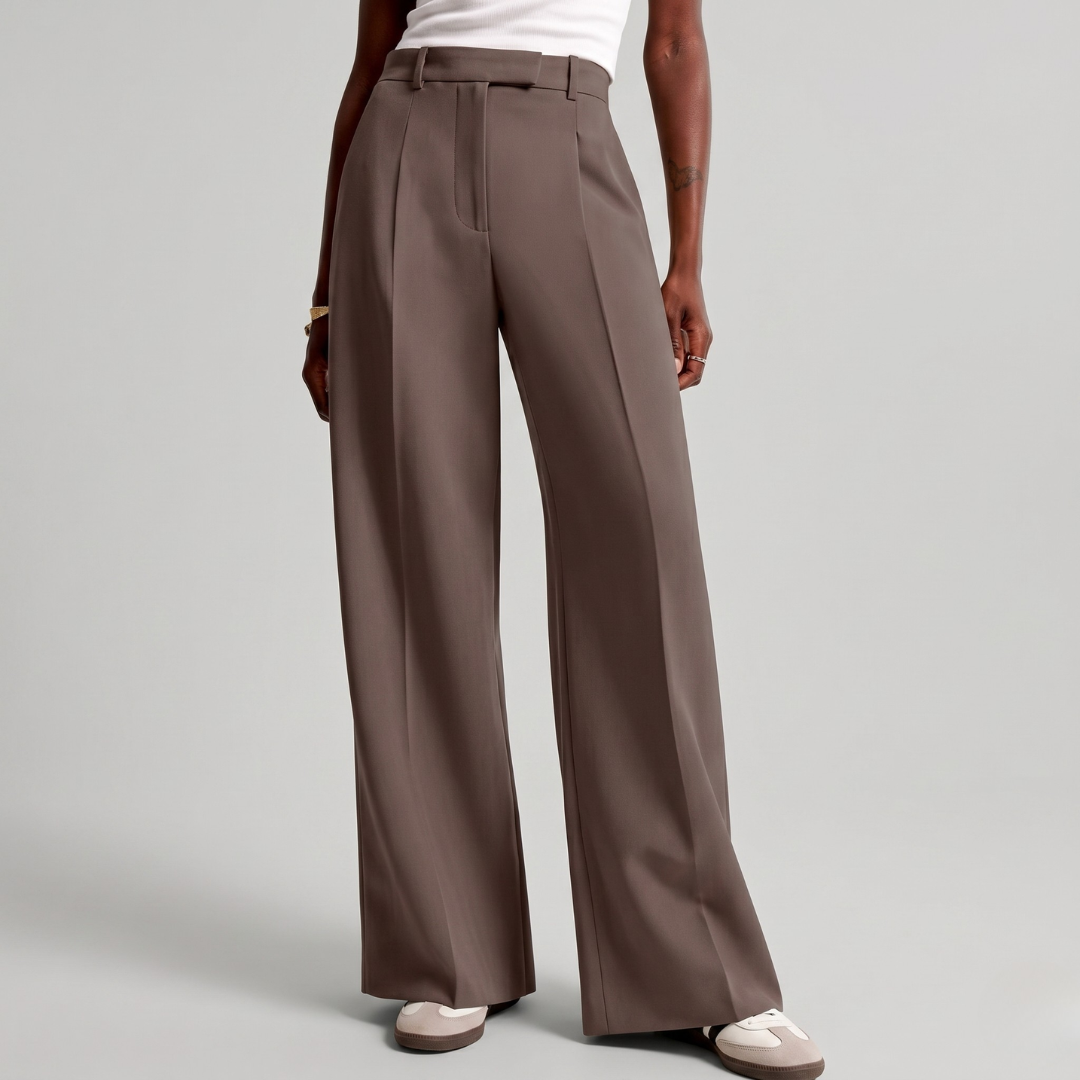 Pantalon large femme taupe, coupe wide leg taille haute, vue de face