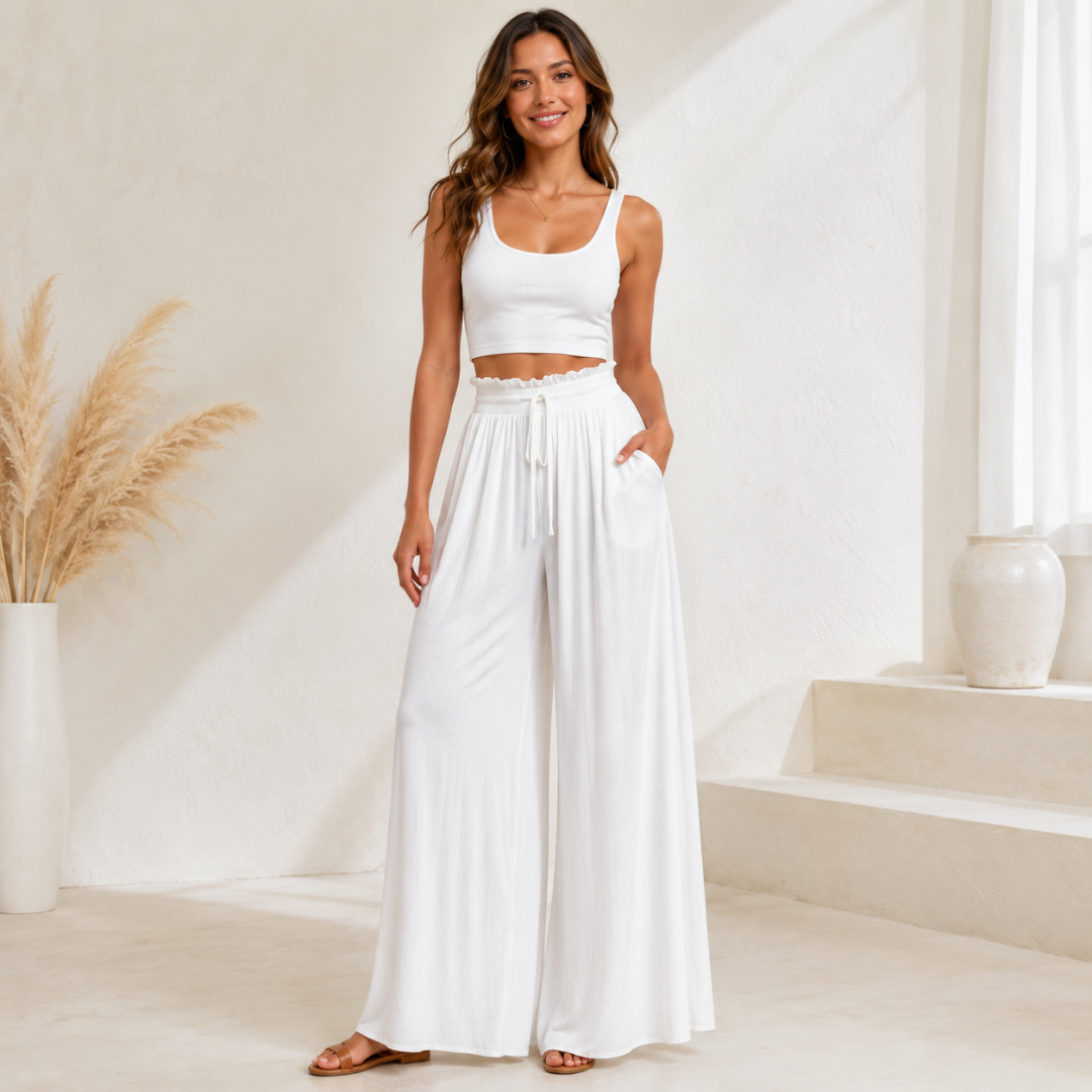 Pantalon palazzo femme blanc taille haute fluide look estival