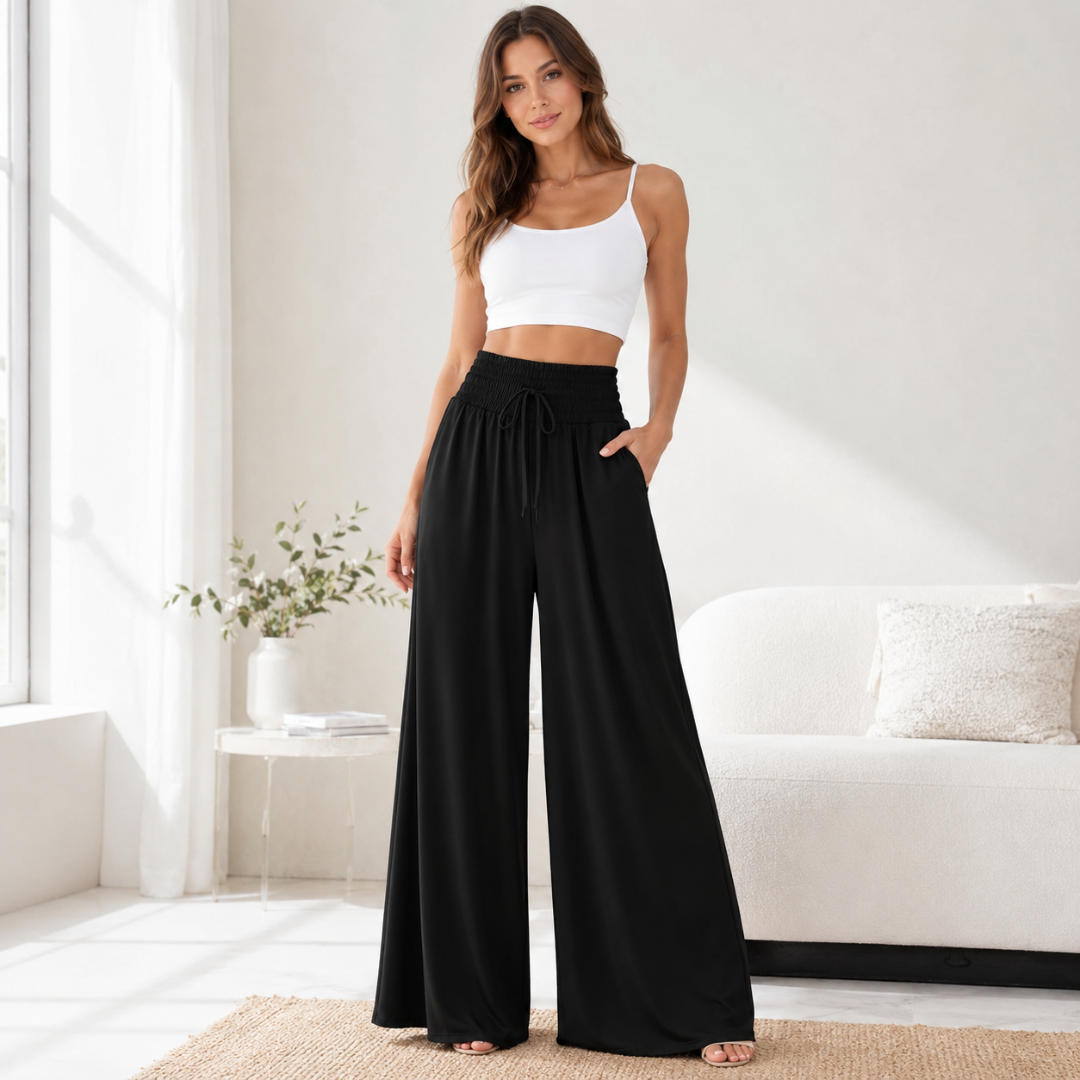 Pantalon palazzo noir fluide femme taille haute élastique froncé