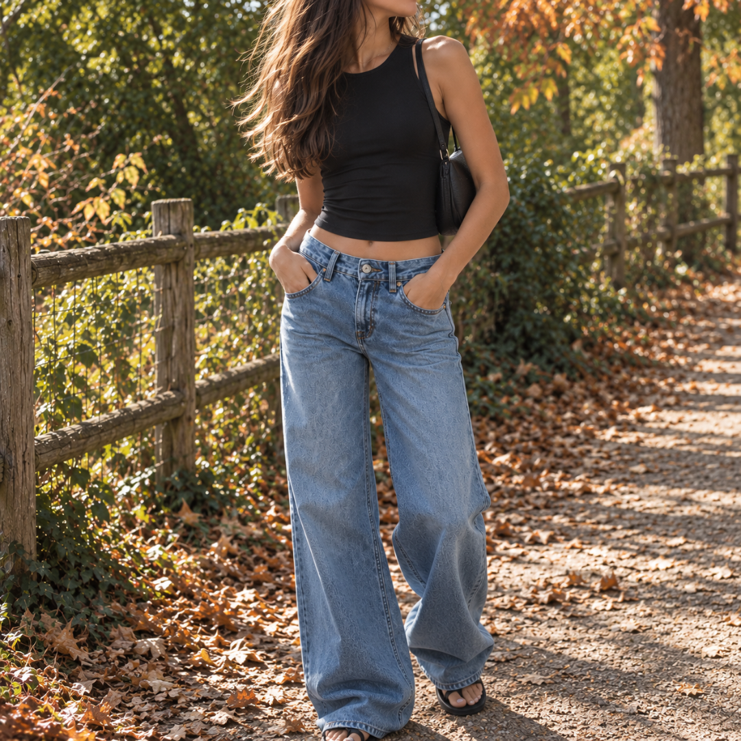 Pantalon femme large bleu clair à taille basse et poches avant, porté avec débardeur noir