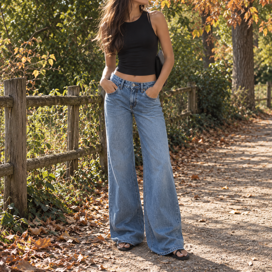Pantalon femme large bleu clair de face avec fermeture à bouton et passants de ceinture