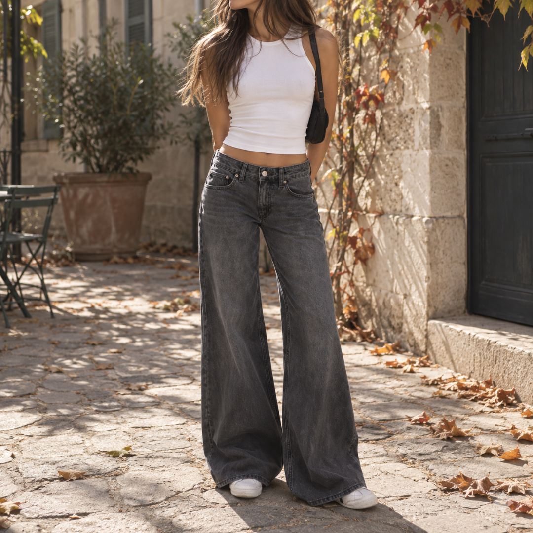 Pantalon femme large gris foncé délavé à taille basse, jambes amples et poches avant