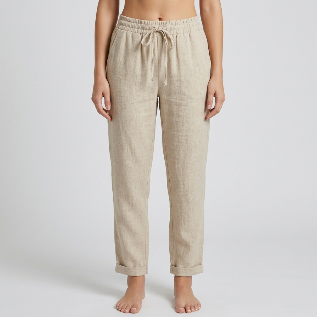 Pantalon femme en lin beige vue de face entière