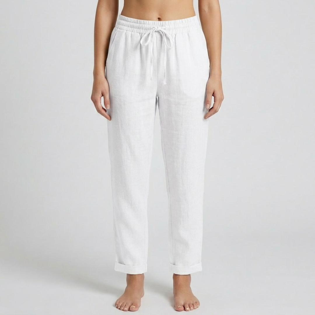 Pantalon femme en lin blanc vue de face coupe décontractée