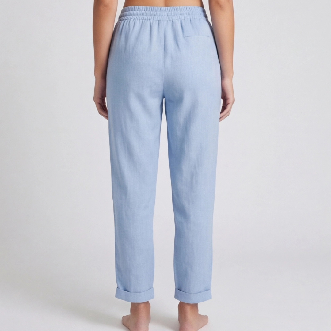 Pantalon lin bleu détail taille élastique avec cordon