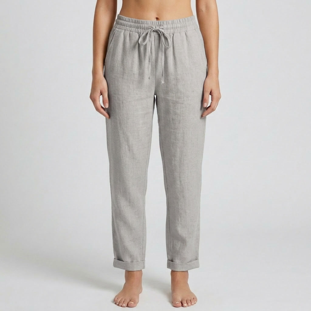 Pantalon femme en lin gris vue de face coupe droite