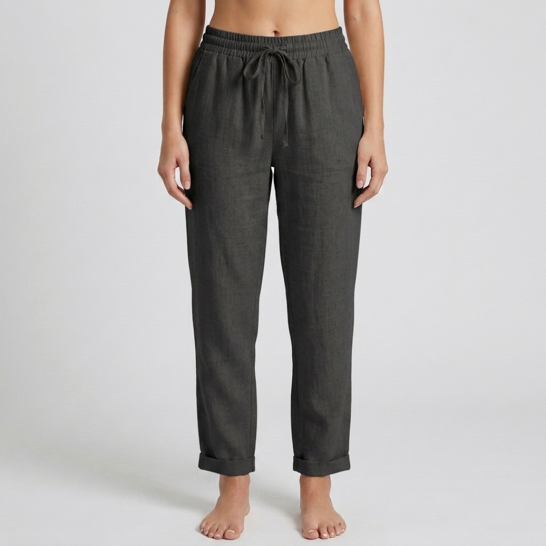 Pantalon femme en lin noir vue de face coupe décontractée