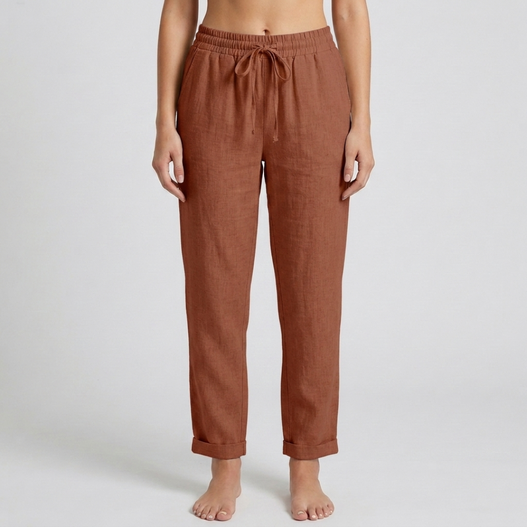 Pantalon femme lin rouge terracotta vue de face entière