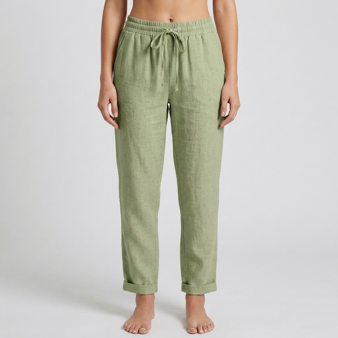 Pantalon femme en lin vert sauge vue de face entière