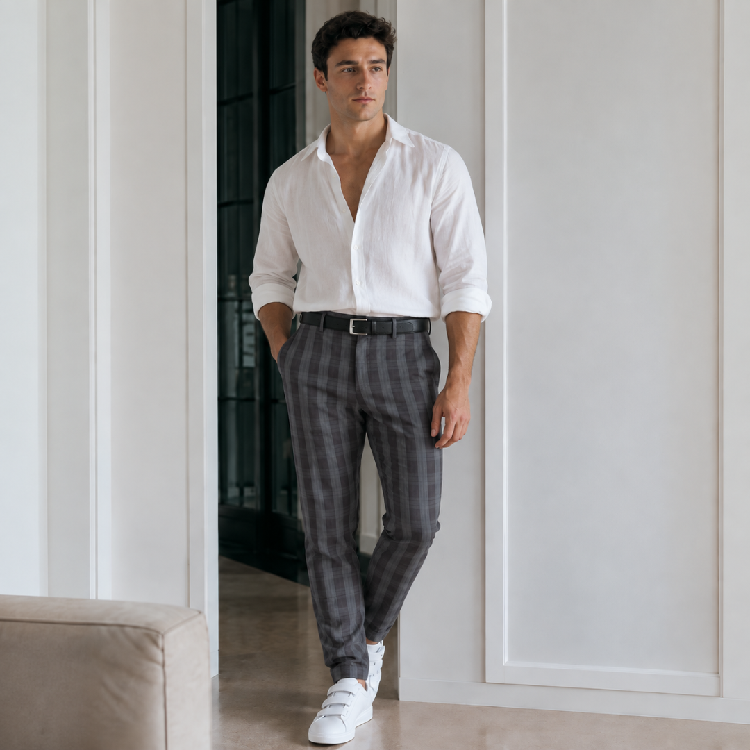Pantalon homme gris à carreaux avec ceinture noire et chemise blanche ouverte