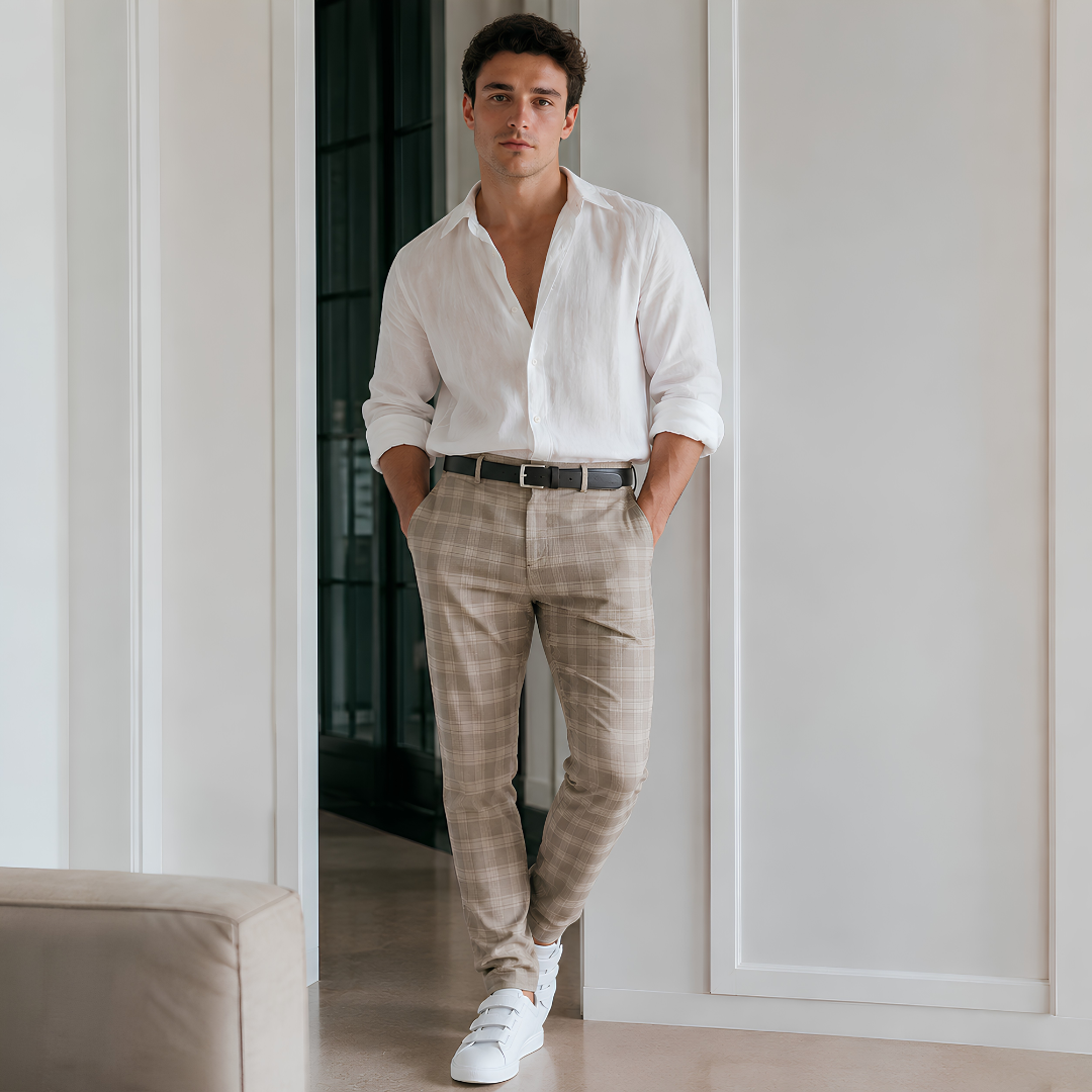 Pantalon homme kaki à carreaux porté avec chemise blanche et ceinture noire
