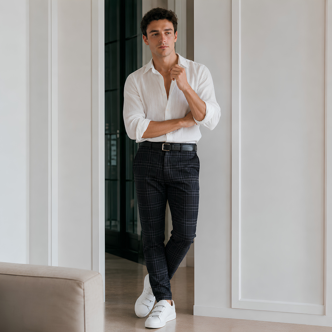 Pantalon homme noir à carreaux fins avec passants de ceinture et poches latérales