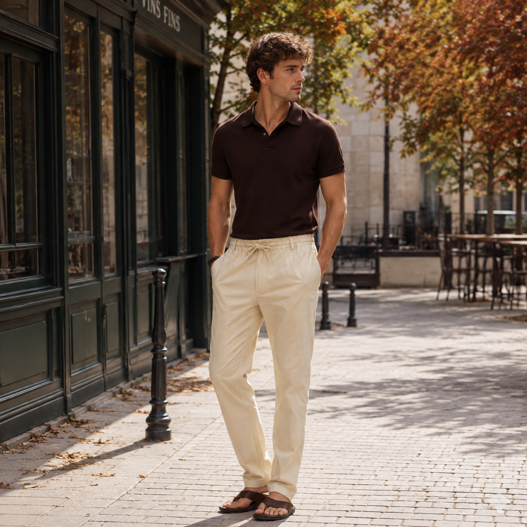 Pantalon homme beige à cordon de serrage porté avec un polo marron en ville