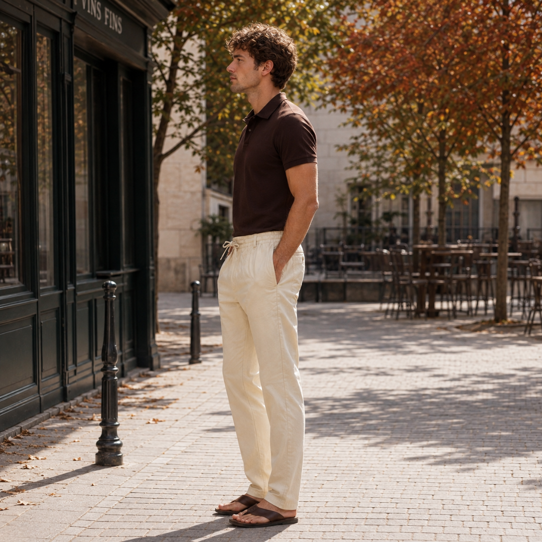 Vue de profil du pantalon homme beige, poche latérale et coupe droite visibles