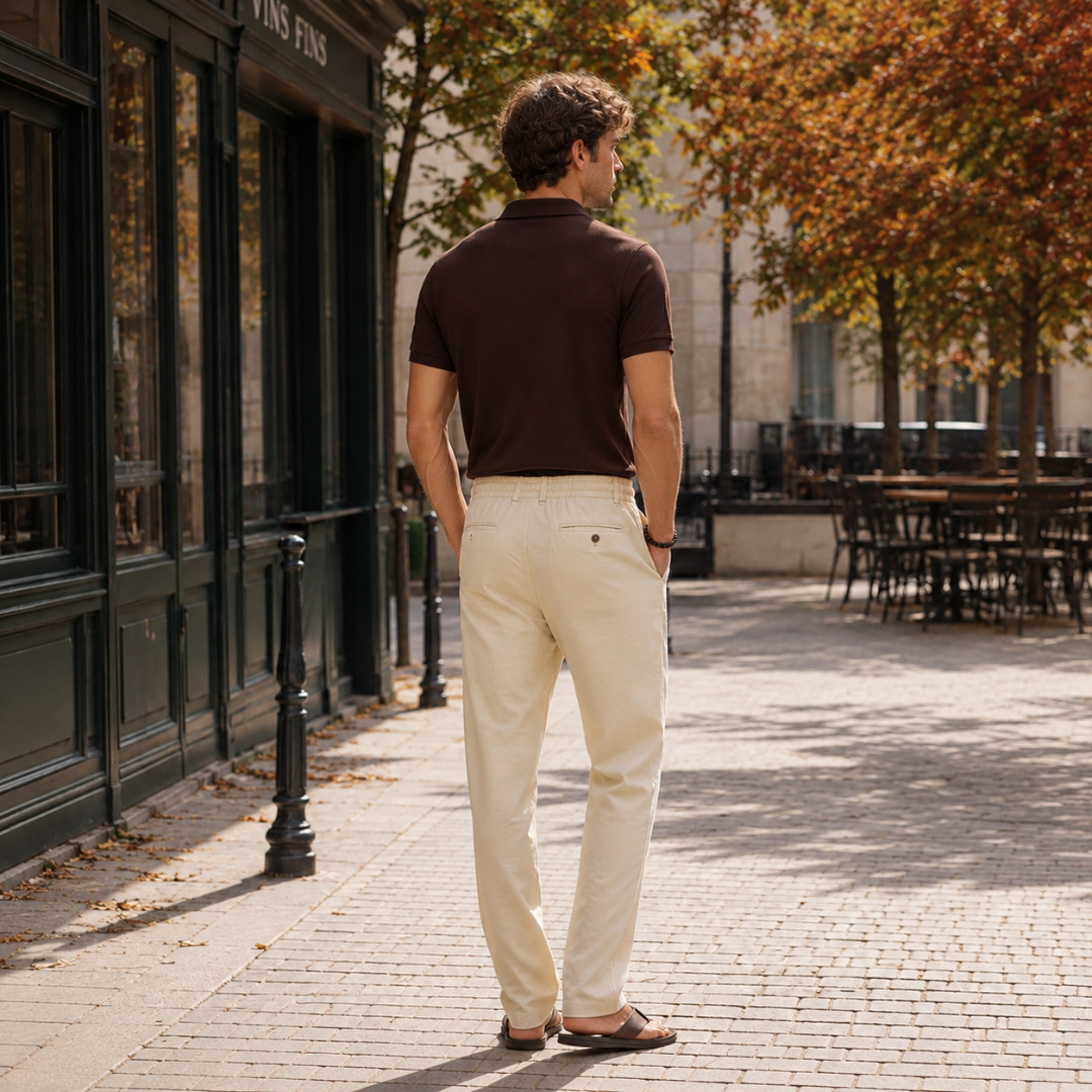 Dos du pantalon homme beige avec poche arrière boutonnée et taille resserrée
