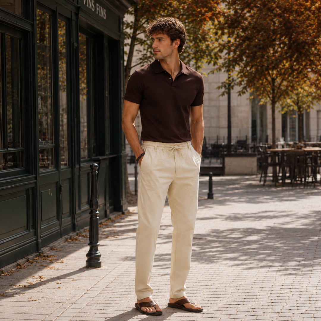 Pantalon homme beige de face, cordon noué et passants de ceinture apparents