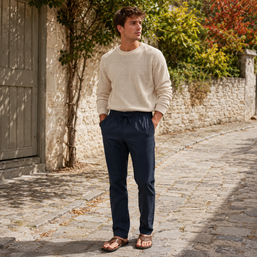 Pantalon homme bleu marine à cordon noué, porté avec un pull écru en maille