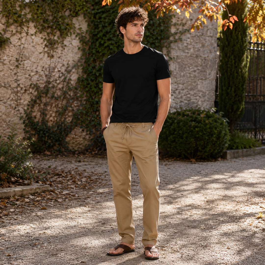 Pantalon homme kaki à cordon de serrage associé à un tee-shirt noir uni
