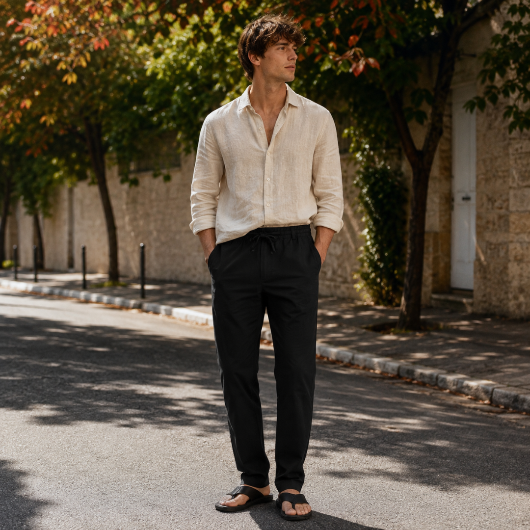 Pantalon homme noir à cordon de serrage associé à une chemise beige ouverte