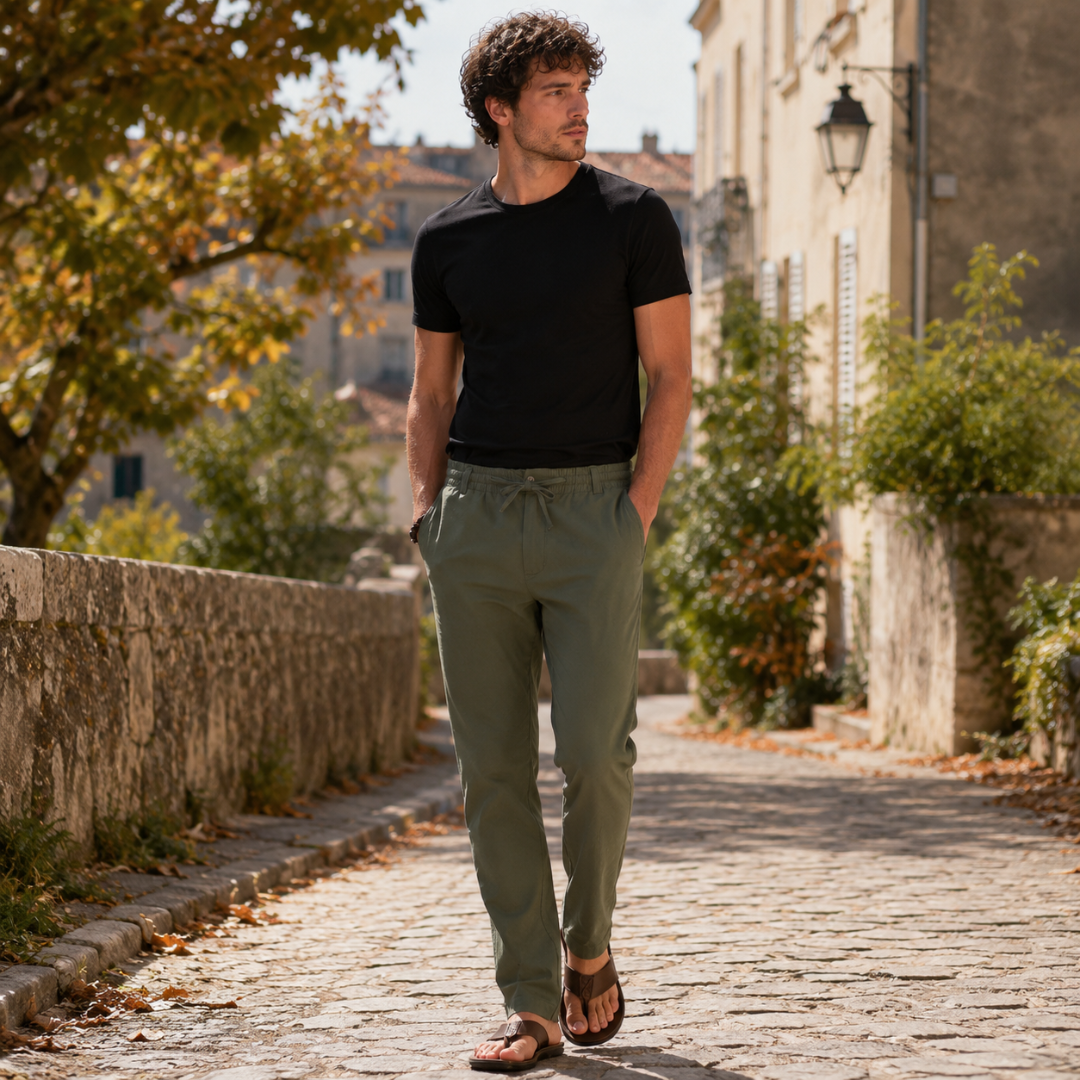 Pantalon homme vert olive à cordon, silhouette droite sur rue pavée ensoleillée