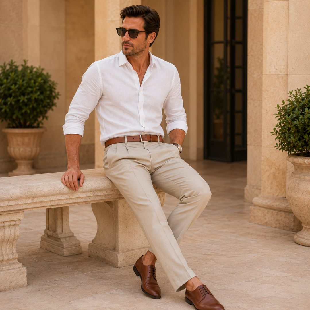 Pantalon homme beige assis, détail des pinces et de la ceinture marron