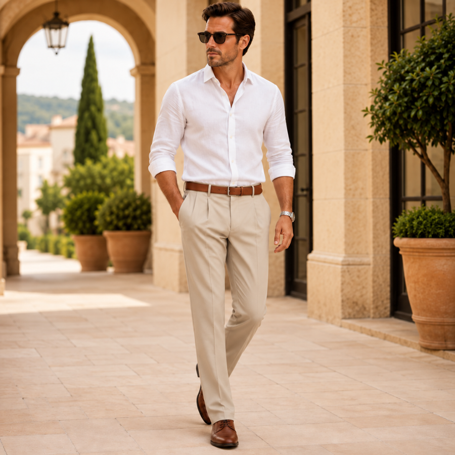 Pantalon homme à pinces beige taille haute porté avec chemise blanche, marche sous les arcades