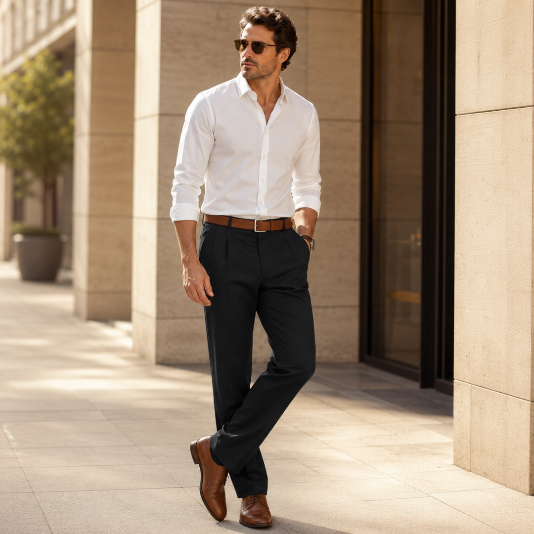 Pantalon homme noir coupe droite avec chemise blanche et ceinture marron